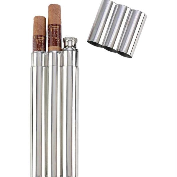 Ktflkcg16 16pc 2oz Stainless Steel Flask With 2 Cigar Tubes In Countertop Display- Di