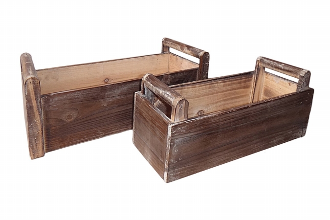 Fp-3506-2 Set Of 2 Wooden Rectangular Ledge Basket With Handle And Plastic Liners - Brown