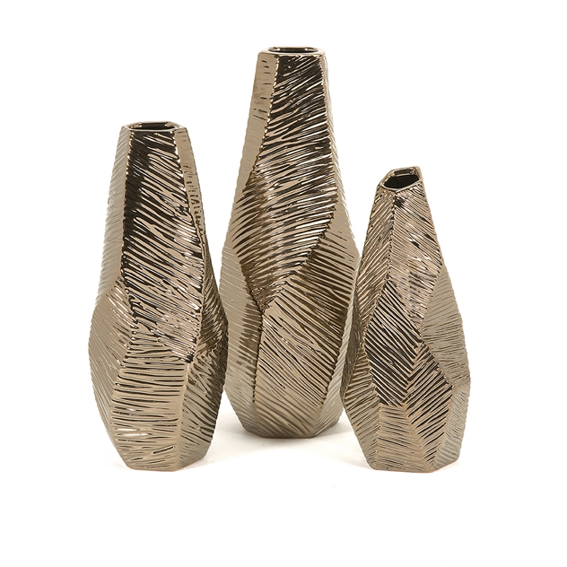 25232-3 Metallic Bronze Geometric Vases- Set Of 3