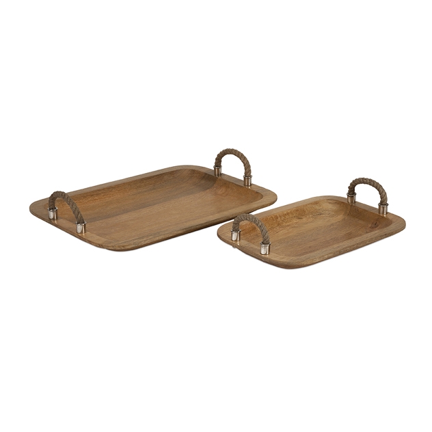 71727-2 Tabari Wood Trays With Jute Handle - Set Of 2