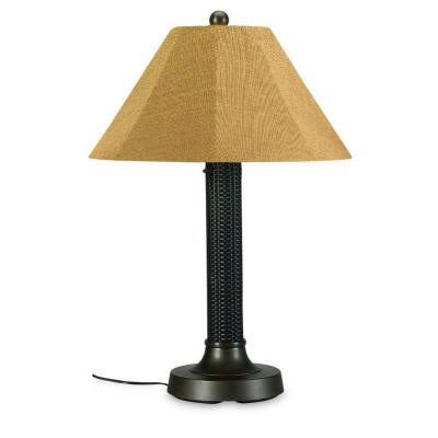 Concepts 26177 Bahama Weave 34 In. Table Lamp 26177 With 3 In. Dark Mahogany Wicker Body, Bronze Base And Straw Linen Sunbrella Shade Fabric
