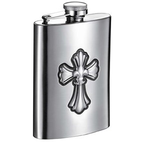 Vf6012 Fleur De Lis Cross 6 Oz Brushed Metal Hip Flask
