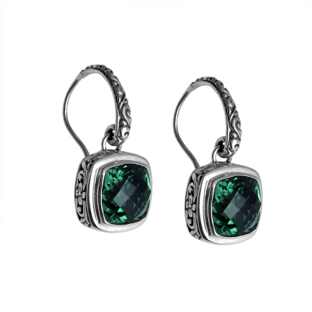 Usbe002190 Sterling Silver Faceted Square Green Quartz Dangle Earrings