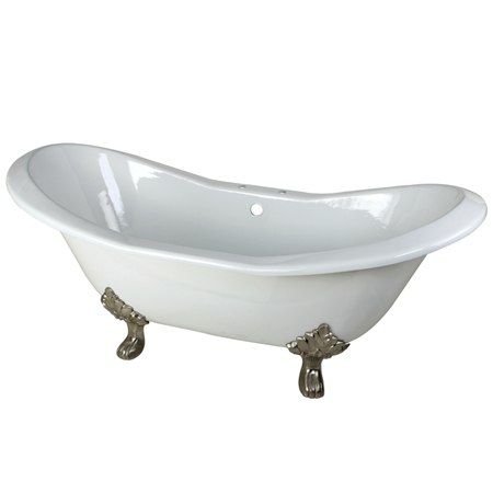 Vct7d7231nc8 72 In. Cast Iron Double Slipper Clawfoot Bathtub With Satin Nickel Feet And 7 In. Centers Faucet Drillings, White