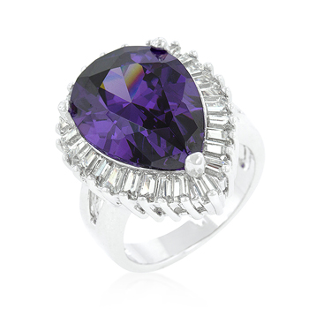 Genuine Rhodium Plated Cocktail Ring With Pear Cut Purple Cubic Zirconia And Accented With A Baguette Ensemble In Silvertone - Size 8