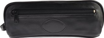 050304-1 Cowhide Toiletry Bags With 2 Top Zippers, Back Zip Pocket And Engraving Patch Black