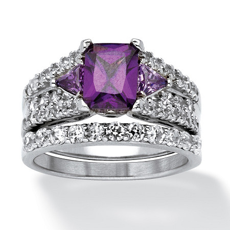 PalmBeach Jewelry 538707 2 Piece 3.91 TCW Emerald-Cut Purple Cubic Zirconia Bridal Ring Set in Sterling Silver