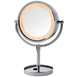 8.5 In., 5x-1x Lighted Table Top Mirror, Chrome, Height 15 In., Ac Outlet On Base