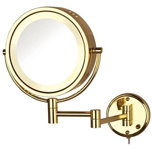 8.5 In., 8x-1x Halo Lighted Wall Mount Mirror, Extends 13.5 In., Bright Brass