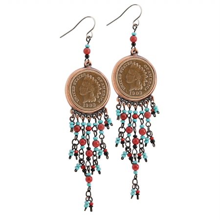 12566 Coppertone Indian Head Cent Chandelier Earrings