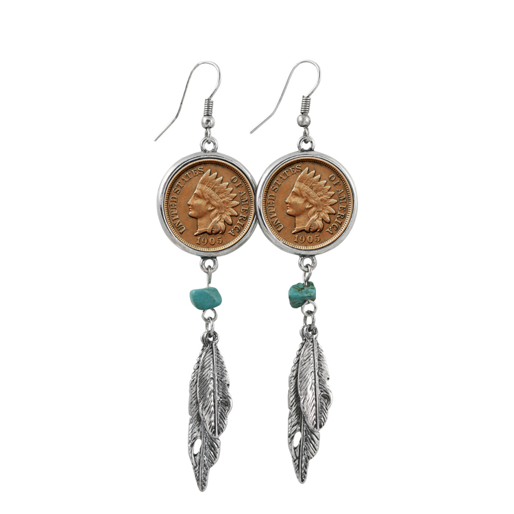12423 100 Year Old Indian Head Penny Feather Silvertone Earrings