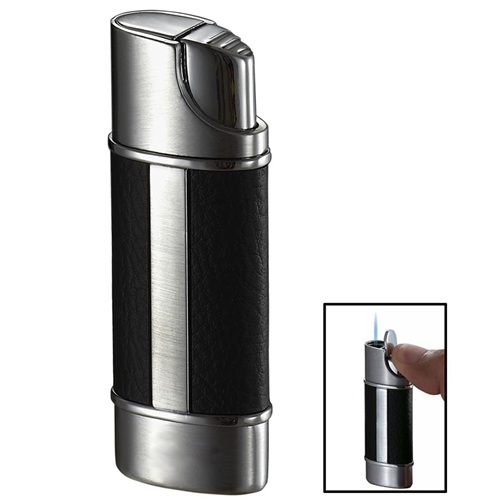 Vlr101602 Piccolo Leather And Brushed Chrome Wind-resistant Jet Flame Lighter