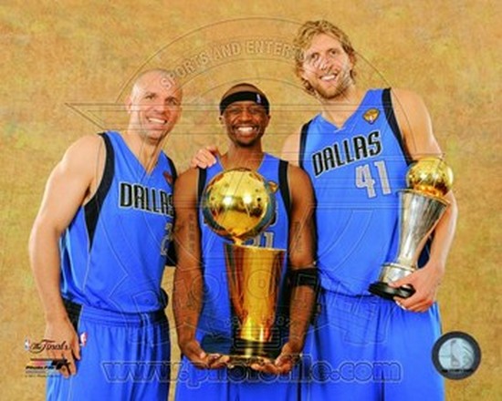 Photofile Dirk Nowitzki Jason Terry & Jason Kidd With The 2011 Nba Championship & Mvp Trophies Game 6 Of The 2011 Nba Finals Sports Photo - 10 X 8