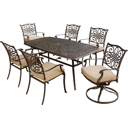 Traditions Outdoor Patio Dining Set - 7 Pieces (4 Dining, 2 Swivel Chairs, 38'' X 72'' Aluminum Table)