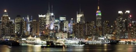 Buildings In A City Lit Up At Night Hudson River Midtown Manhattan Manhattan New York City New York State Usa Poster Print By - 36 X 12