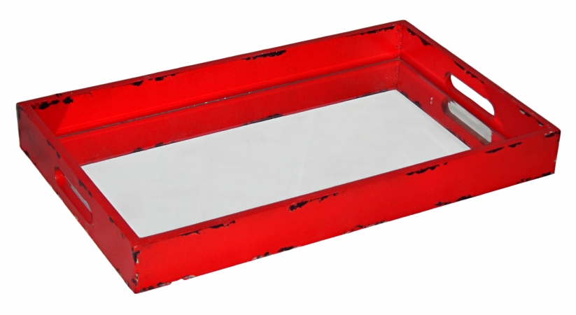 Cheung's Fp-3843r Red Distressed Wooden Tray With Bevelled Mirror