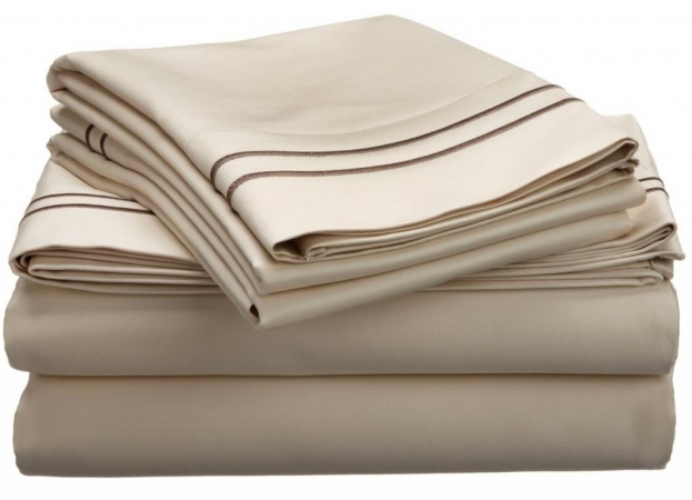 800flsh Sliv-tp 800 Thread Count Egyptian Cotton Full Sheet Set Solid Ivory With Taupe Embroidery Lines