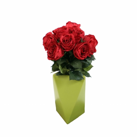 F12176 Red Roses In Chartreuse Geometric Vase