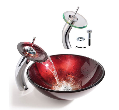 Kraus C-gv-200-12mm-10ch 12mm Galaxy Fire Red Glass Vessel Sink With Chrome Waterfall Faucet