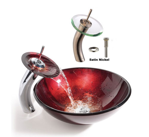 Kraus C-gv-200-12mm-10sn 12mm Galaxy Fire Red Glass Vessel Sink With Satin Nickel Waterfall Faucet