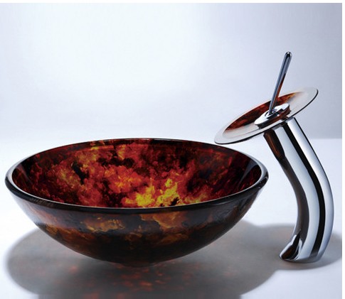 Kraus CGV40012mm10CH 12mm Fire Opal round glass vessel sink with Chrome waterfall Faucet