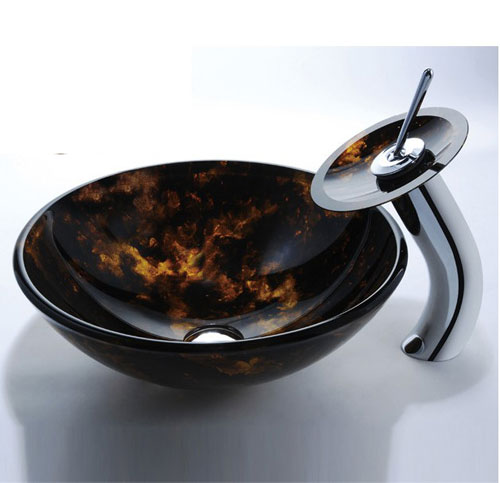 Kraus CGV41012mm10CH 12mm Autumn round glass vessel sink with Chrome waterfall Faucet