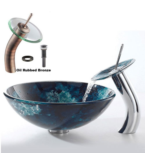 Kraus CGV43012mm10ORB 12mm Boulder Opal vessel sink with Oil Rubbed Bronze waterfall Faucet