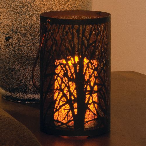 Arbetum 8 In. H Metal Cylinder Lantern With Tree Pattern In Antique Black Finish