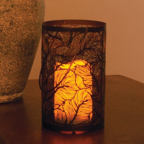84041-lc Panama 8 In. H Metal Cylinder Lantern With Flowing Leaves Pattern In Antique Black Finish
