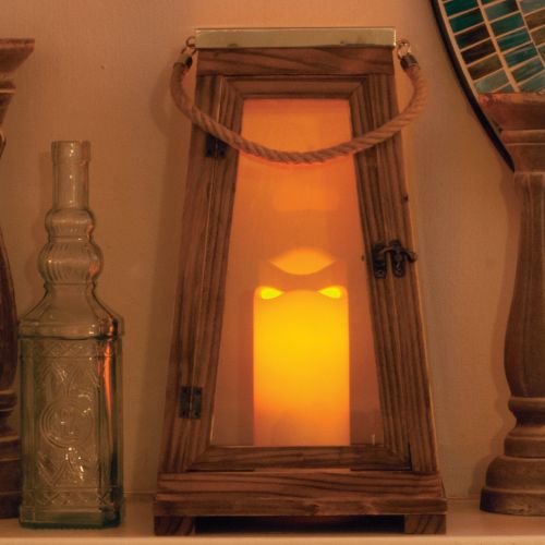84044-lc Newport 15 In. H Lantern In Natural Wood With Stainless Steel Top