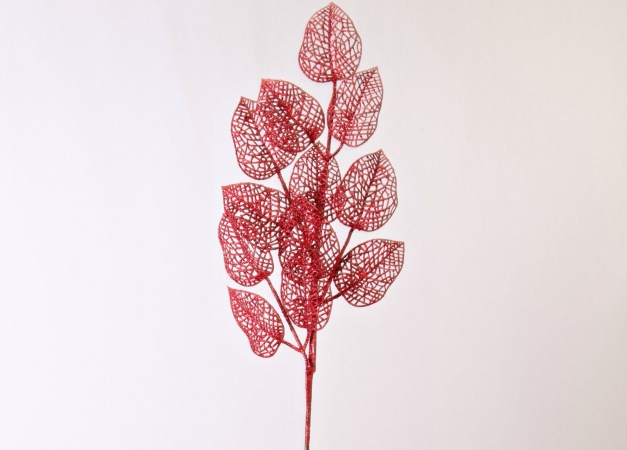 24''/61cm Red Glittered Leaf Spray X 3.