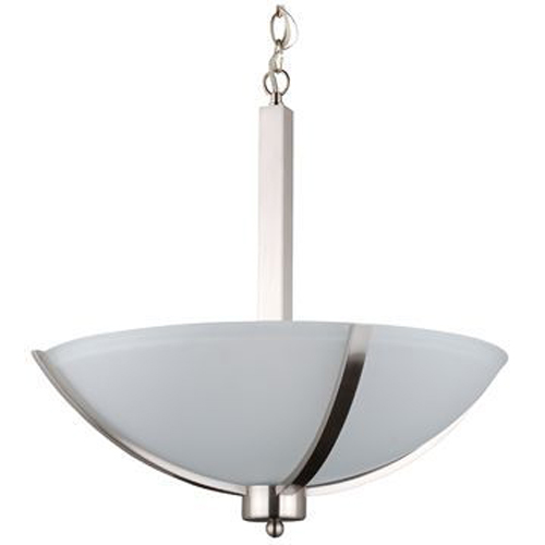 3 Light Bowl Chandelier In Satin Steel Finish With Acid Wash Glass