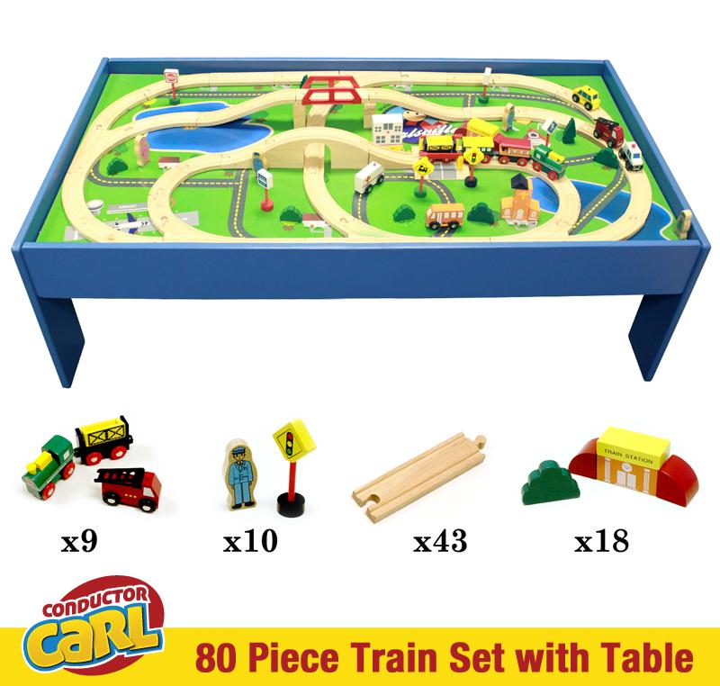 Wooden Train Tcon-202 80 Piece Wooden Train Set With Table