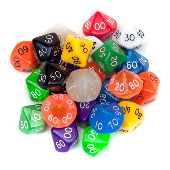 25 Pack Of Random D10- 00 Polyhedral Dice In Multiple Colors