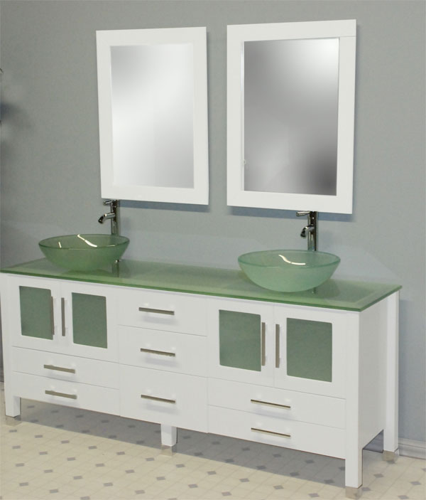 Inc 8119bw 63 Inch Solid Wood Vanity With Frosted Glass Counter Top And Two Matching Vessel Sinks. Two Long-stemmed Chrome Faucets Are Included.