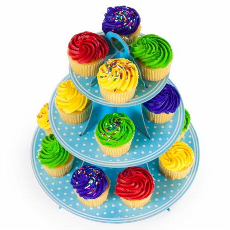 Mpar-502 Blue Polka Dot 3 Tier Cupcake Stand, 14in Tall By 12in Wide