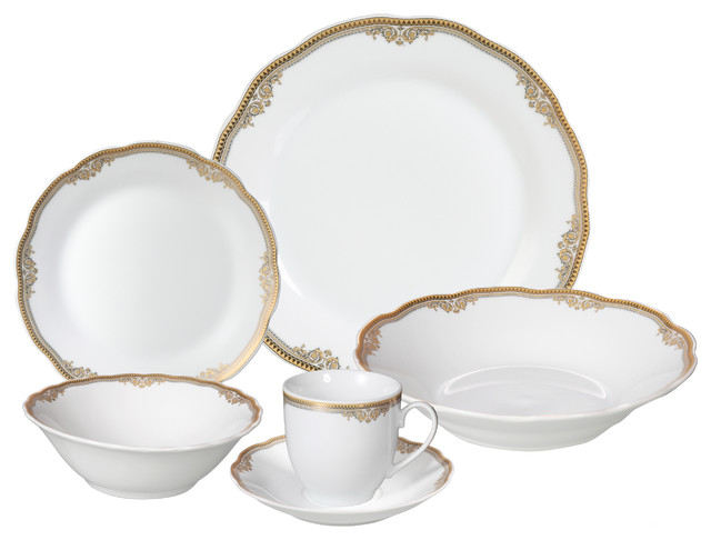 Porcelain Wavy Edge Dinnerware Set, 24 Piece Service For 4 By Lorren Home Trends: Catherine Design