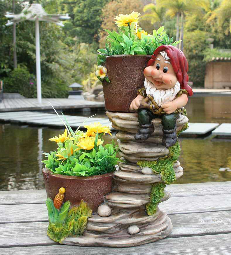 Cute Gnome On Staircase With Two Flower Pots