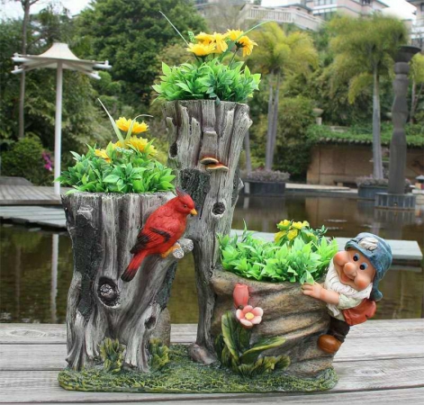 Cute Gnome With Little Bird On Tree With Three Flower Pots