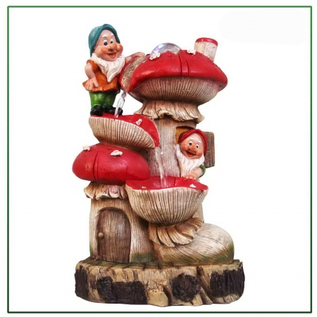 Two Gnomes With Two-tier Mushroom House Water Fountain