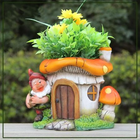 Cute Gnome With Mushroom House Flower Pot Planter