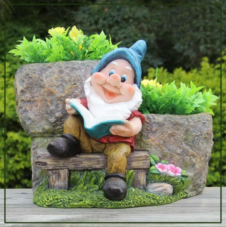 Cute Gnome Reading Book With Two Flower Pots