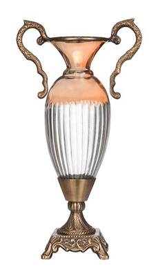 14 In. Amber Glass Brass Vase