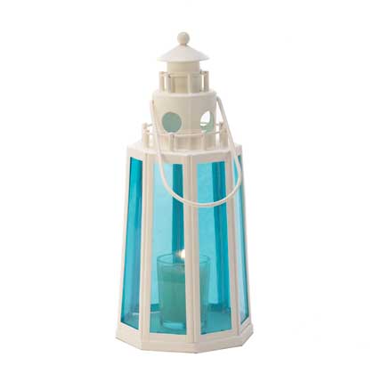 10015217 Blue And White Lighthouse Candle Lantern