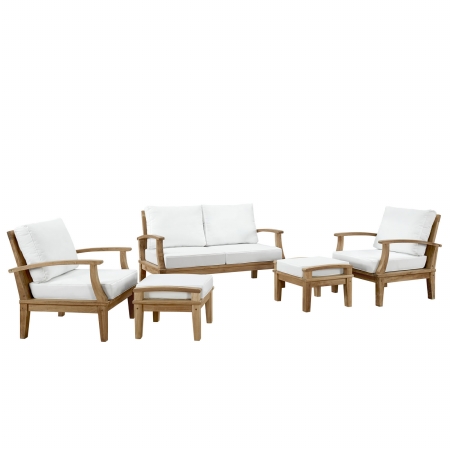 Eei-1472-nat-whi-set Marina 5 Piece Outdoor Patio Teak Sofa Set, Natural White