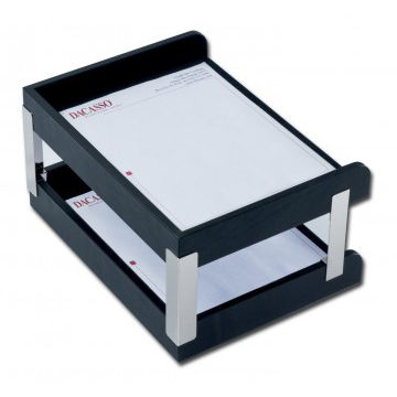 Dacasso A1073 Leather Double Side-load Letter Trays With Silver Posts - Black