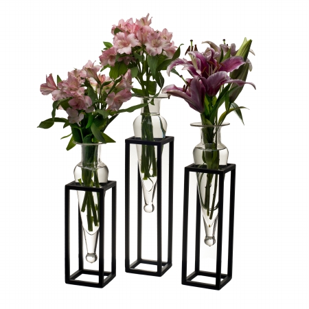 . Mc025-a Amber Amphorae Vases On Square Tubing Metal Stands, Set 3
