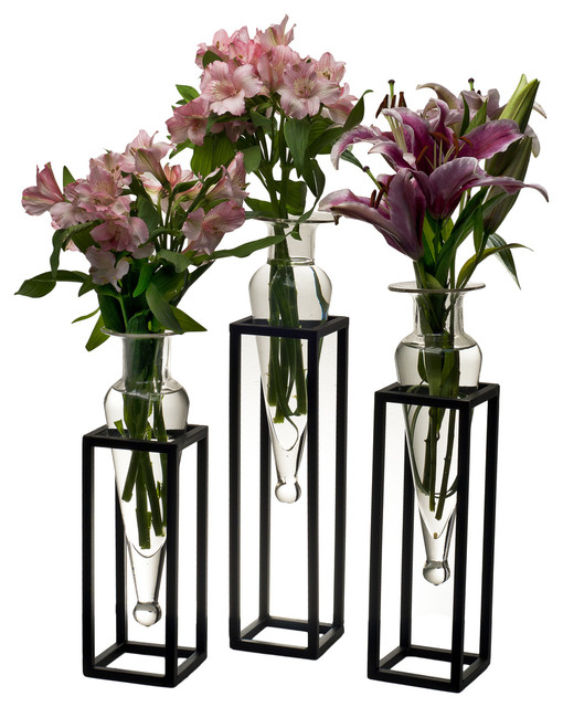 . Mc025-c Amphorae Vases On Square Tubing Metal Stands - Set 3, Clear