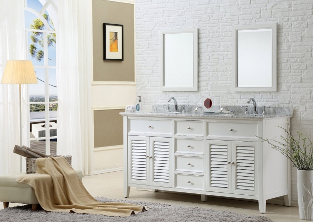 J & J 6070d12-wwc 70 In. Pearl White Shutter Double Vanity Sink Cabinet With Carrara White Marble