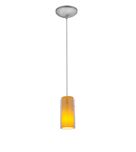 28033-1c-bs-clam 1 Light Glass In Glass Cylinder Pendant In Brushed Steel With Clear Outer Amber Inner Glass